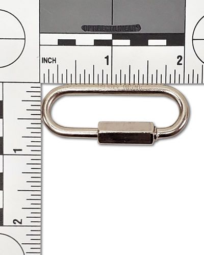 Nickel-plated quick link, 4mm thick, with a medium-wide jaw, measuring 2-1/8" long, ideal for hanging medium to large toys.