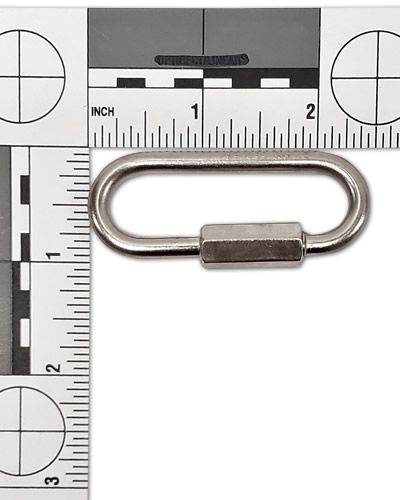 Shiny 5mm nickel-plated quick link with a wide jaw, perfect for hanging large toys, measuring 2-7/16" long by 1" wide.