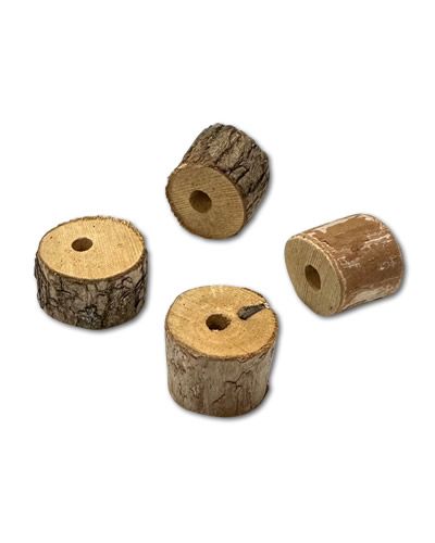 Close-up of Sm Dragonwood Coins, showcasing their 1.25-inch diameter and drilled holes, perfect for crafting toys.