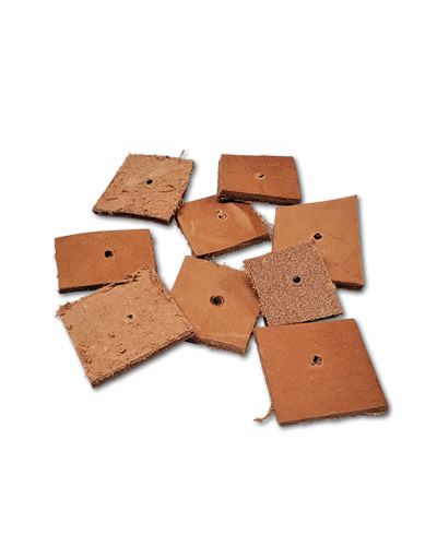 Colorful scrap leather pieces in a 10-pack, varying in size from 1.5 to 2 inches, perfect for bird toys or crafts.