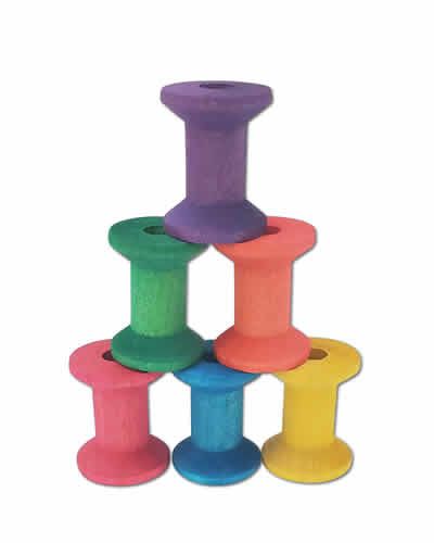 Vibrant 1-1/8" hourglass-shaped wood spool for bird toys, showcasing assorted colors and a small central hole.