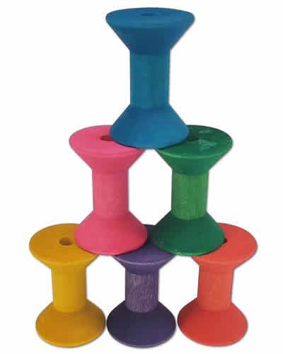 Vibrant 2-inch wooden hourglass spool bird toy part in assorted colors, measuring 2" long and 1-3/8" wide.