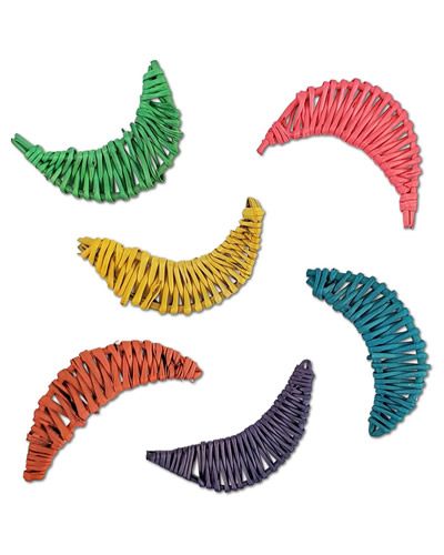 Vibrant colored vine moon shapes, perfect as bird toy parts, showcasing assorted hues and natural, curved designs.