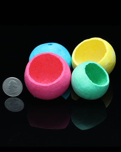 Vibrant, assorted colored natural bird toy cup, measuring about 2.25 inches in diameter and 1.75 inches tall with a small hole.