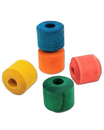 Vibrant wooden barrel beads in assorted colors, perfect for crafting, measuring 11/16" in diameter and 19/32" tall.