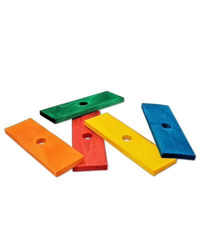 Vibrant 4.5-inch pine wood slats in assorted colors, showcasing a smooth finish and a small central hole for easy use.