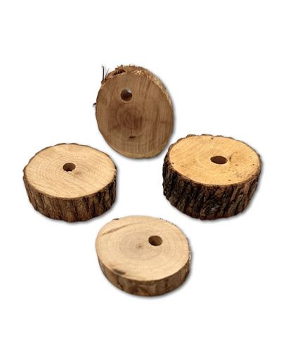 Vibrant Dragonwood Coins, perfect for toy making, showcasing a 2.5" x 3" size with a drilled 3/16" hole for stringing.