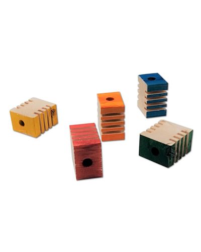 Vibrant small groove wood blocks for bird toys, measuring 1-5/8" long, with a textured, natural wood finish.