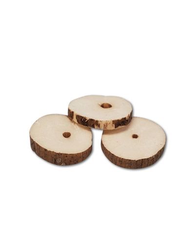 Colorful sola wood coins, perfect for crafting bird toys, showcasing their natural texture and small, round design.