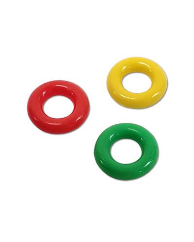 Vibrant assortment of 1-inch hard plastic O rings in various colors, perfect for crafting hanging toys or foot toys.