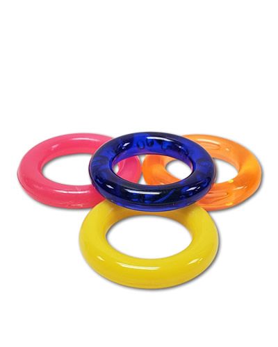 Brightly colored 2-inch hard plastic O rings in assorted shades, perfect for crafting hanging toys or foot toys.