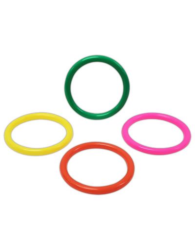 Vibrant assortment of 2-3/4" hard plastic O-rings in various colors, perfect for crafting hanging toys or foot toys.