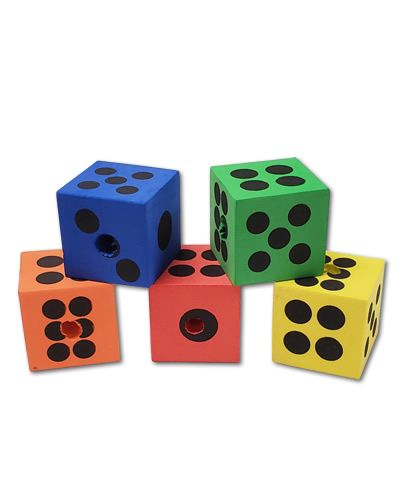Colorful medium foam dice toy parts for birds, measuring 1.5 inches by 1.5 inches, with a soft, playful design.