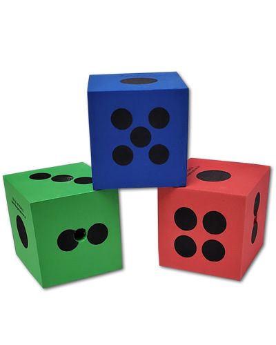 Vibrant LG Foam Dice in assorted colors, perfect as playful bird toy parts, measuring 2.5 inches square for easy grip.