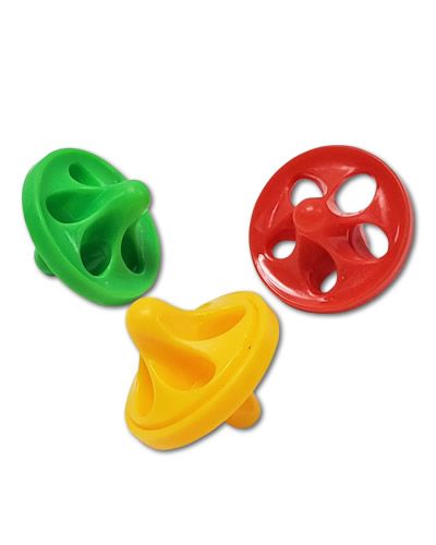 Vibrant assortment of plastic bird toy tops in various colors, measuring 2.75 inches long and 1.5 inches high.