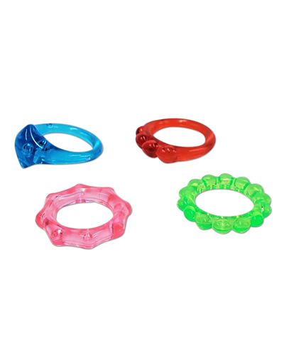 Colorful assortment of small plastic rings, perfect as bird toy parts, measuring 3/4 inch in diameter and 1/8 inch high.