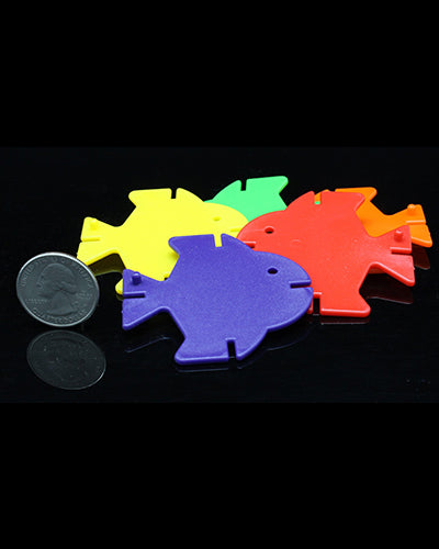 Colorful assortment of five plastic fish toys, each measuring 2.5 inches square, perfect for creative bird playtime.