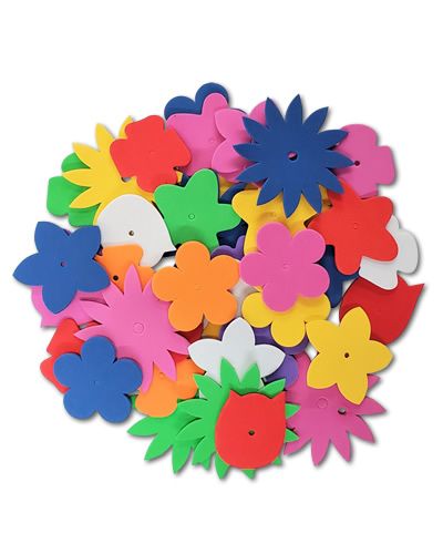 Colorful assortment of 20 foam flowers in various sizes, perfect as plastic bird toy parts, measuring about 2 inches long.