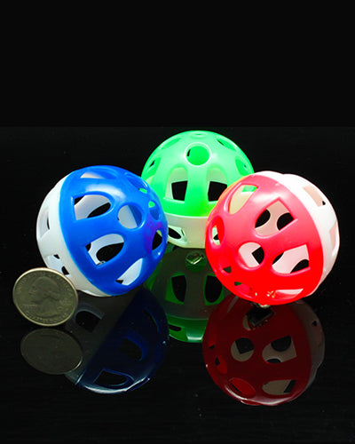 Colorful plastic bird toy ball with a jingling bell inside, measuring 2 inches in diameter, perfect for feathered friends.