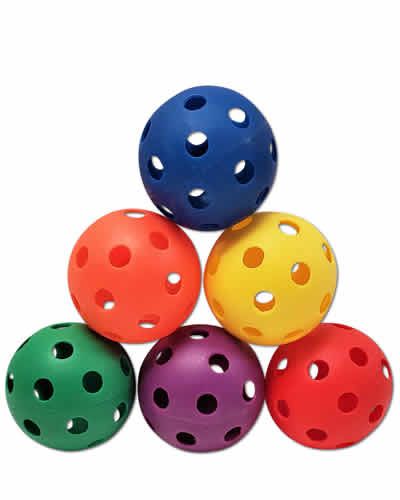Bright, 2-3/4 inch soft plastic ball in assorted vibrant colors, perfect as a bird toy part with small holes for hanging.