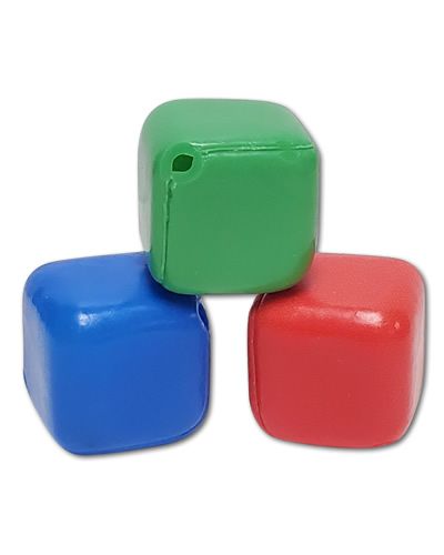 Vibrant plastic cubes in assorted colors, perfect as bird toy parts, measuring 1.5 inches with small 3/16-inch holes.