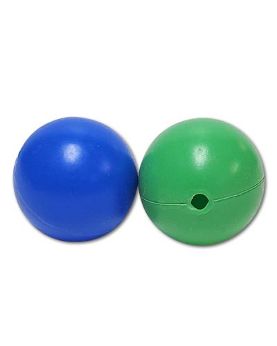 Brightly colored solid plastic balls with small holes, perfect as bird toy parts, measuring 1.75 inches in diameter.