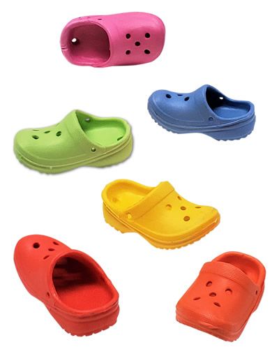 Vibrant assortment of plastic bird toy parts shaped as rubber shoes, measuring 3 inches long, in various bright colors.