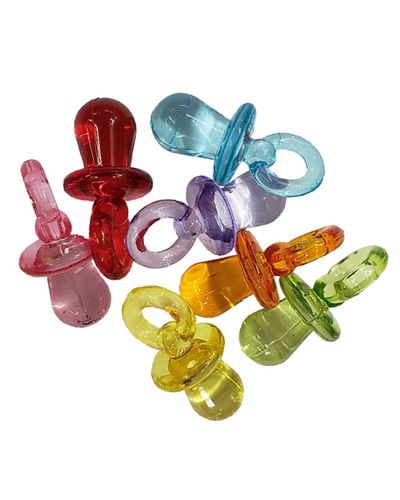 Colorful assortment of 5 small acrylic pacifiers for bird toys, each measuring 1.25 inches long with a 0.25-inch eye hole.