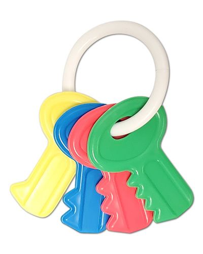 Colorful plastic keys dangle from a sturdy ring, perfect as vibrant bird toy parts, measuring 4.75 inches long.