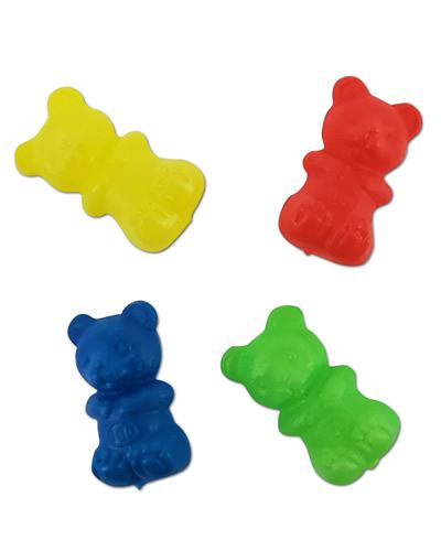 Colorful set of four plastic bear-shaped bird toy parts, each measuring 2 inches long and 1 inch wide with a small hole.