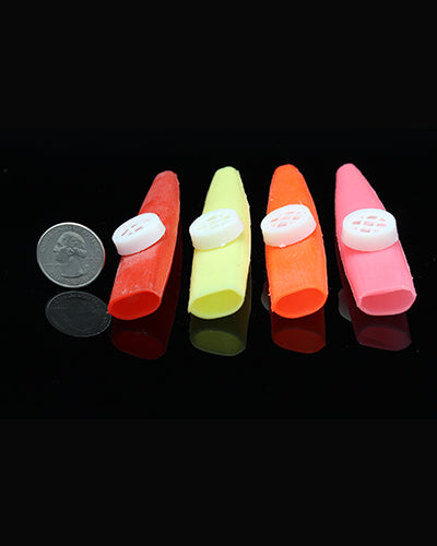 Vibrant set of three plastic kazoos in assorted colors, perfect for bird toys, measuring 4-3/16 inches long and 7/8 inch wide.