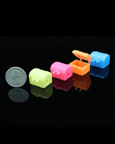 Colorful assortment of five plastic treasure chest bird toy parts, each measuring about 7/8 inch in length and height.