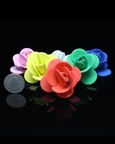 Colorful foam roses in a 4-pack, perfect as plastic bird toy parts, measuring about 1-5/8 inches long and 1 inch high.