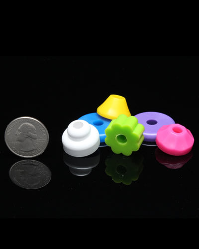 Colorful assortment of Roylco plastic beads in various sizes, perfect for bird toys, measuring about 1-1/8" wide.