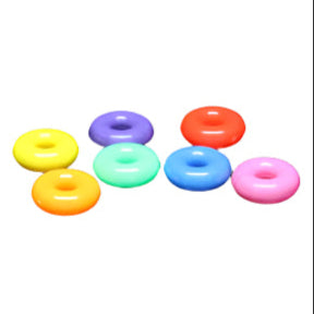 Colorful 14MM donut beads in assorted hues, perfect for crafting bird toys, showcasing a 1/2" diameter and vibrant plastic design.