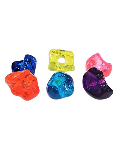 Vibrant acrylic gem beads in assorted colors and sizes, perfect as plastic bird toy parts, measuring about 1 inch long.