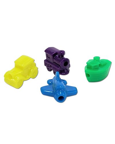 Colorful plastic Transportation Beads in assorted shapes and sizes, perfect for crafting vibrant bird toys.