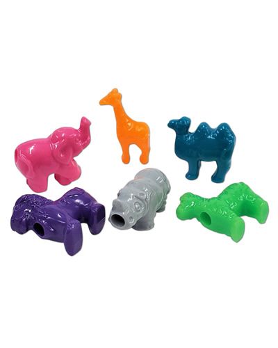 Colorful plastic animal beads in assorted shapes and sizes, perfect for bird toys, measuring about 1 inch long.