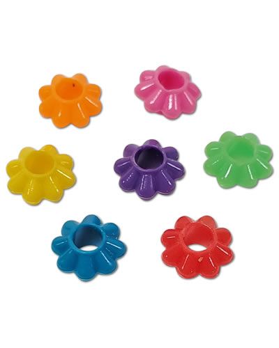 Colorful assortment of 30 mini floral rondelle beads, perfect for bird toys, each measuring about 3/8" in diameter.