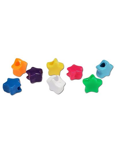 Colorful mini star beads in assorted shades, perfect for crafting bird toys, measuring about 1/2 inch in diameter.
