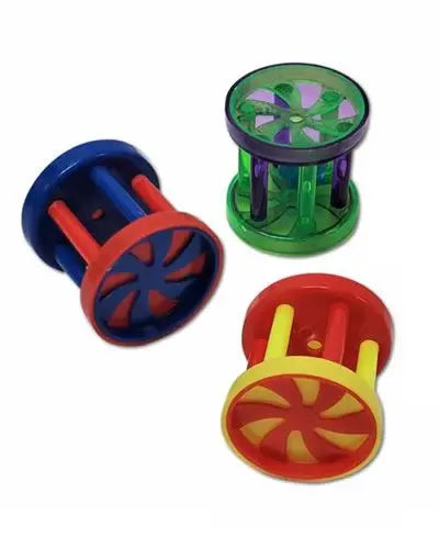 Colorful small circus rattle with plastic bird toy parts, measuring 1.5 inches in length and diameter, full of playful charm.