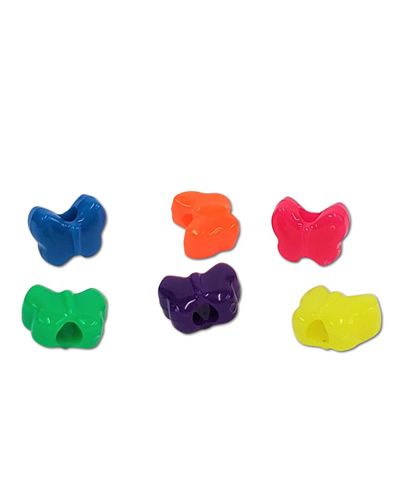 Colorful mini butterfly beads in assorted hues, perfect for bird toys, measuring about 1/2 inch long with a small hole.