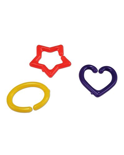 Colorful plastic bird toy parts featuring hearts, stars, and oval links in assorted sizes, perfect for crafting fun toys.