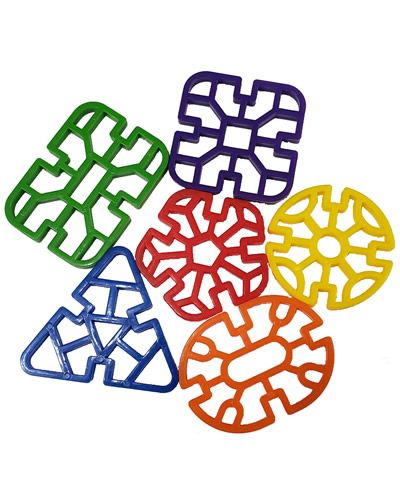 Vibrant plastic waffle links in assorted colors, perfect as bird toy parts, measuring 2.25 inches long and 1.75 inches wide.