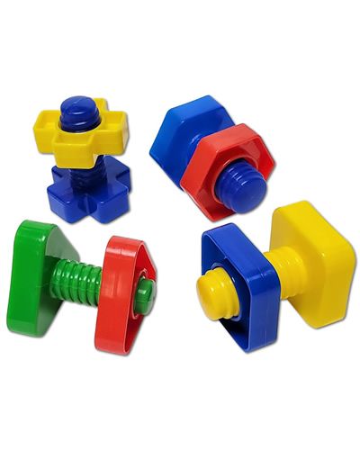 Colorful plastic Bolts & Nuts bird toy parts, measuring 2" long and 1.5" wide, designed for creative bird play.