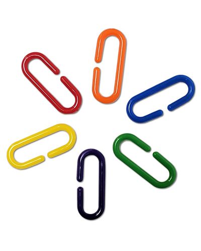 Vibrant assorted plastic links for bird toys, perfect for attaching or hanging, measuring 1-5/8" long in colorful designs.