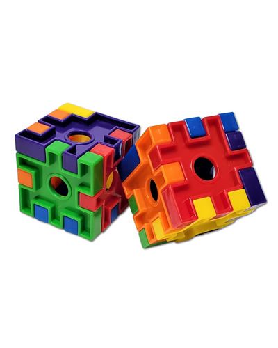 Vibrant plastic Puzzle Cube with six colorful pieces, each featuring a 1/2" hole for stuffing treats or toy parts.