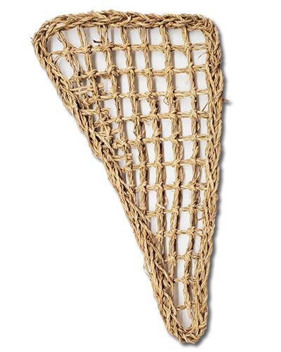 Braided triangular seagrass mat in natural tones, sized 14"x12"x7", perfect as a versatile base for crafting bird toys.
