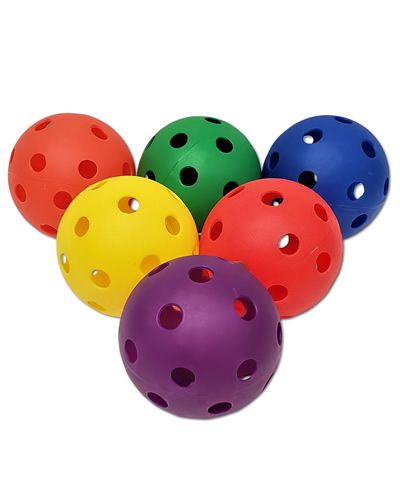 Brightly colored 3-1/2" plastic softball bird toy with a textured surface and 1/2" holes for engaging play.