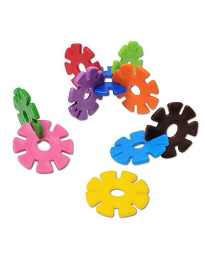 Colorful 1-1/4" plastic snowflake bird toy part with a detailed, frosty design and a small central hole for hanging.